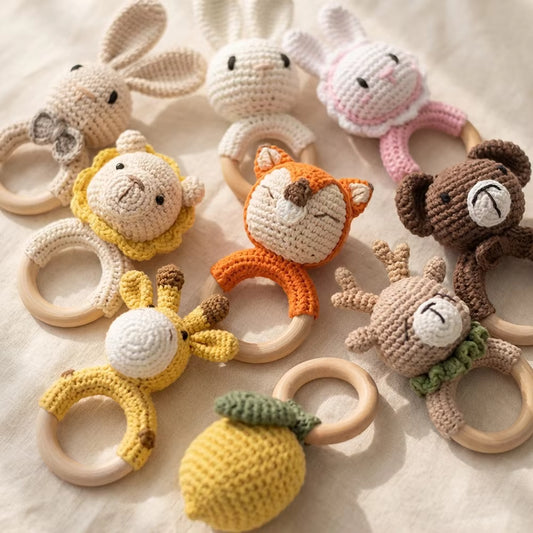 Anneau de Dentition Bébé en Bois Hochet Animal Crochet