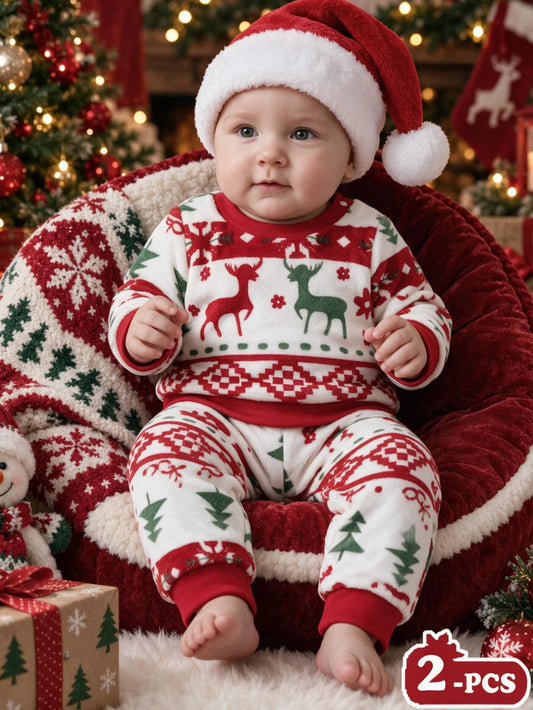 SHEIN 2 pièces Ensemble sweat-shirt + pantalon pour bébé fille, imprimé mignon rouge et blanc avec renne de Noël et sapin, manches longues en peluche épaisse, tenue de fête d'hiver et de vacances
