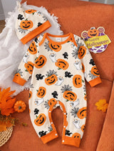 Combinaison à manches longues col ras-du-cou pour bébé garçon nouveau-né et tout-petit, thème fantôme et citrouille d'Halloween, avec bonnet, beige, automne, mignon, assorti pour la famille, pour séance photo de fête