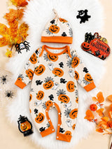 Combinaison à manches longues col ras-du-cou pour bébé garçon nouveau-né et tout-petit, thème fantôme et citrouille d'Halloween, avec bonnet, beige, automne, mignon, assorti pour la famille, pour séance photo de fête