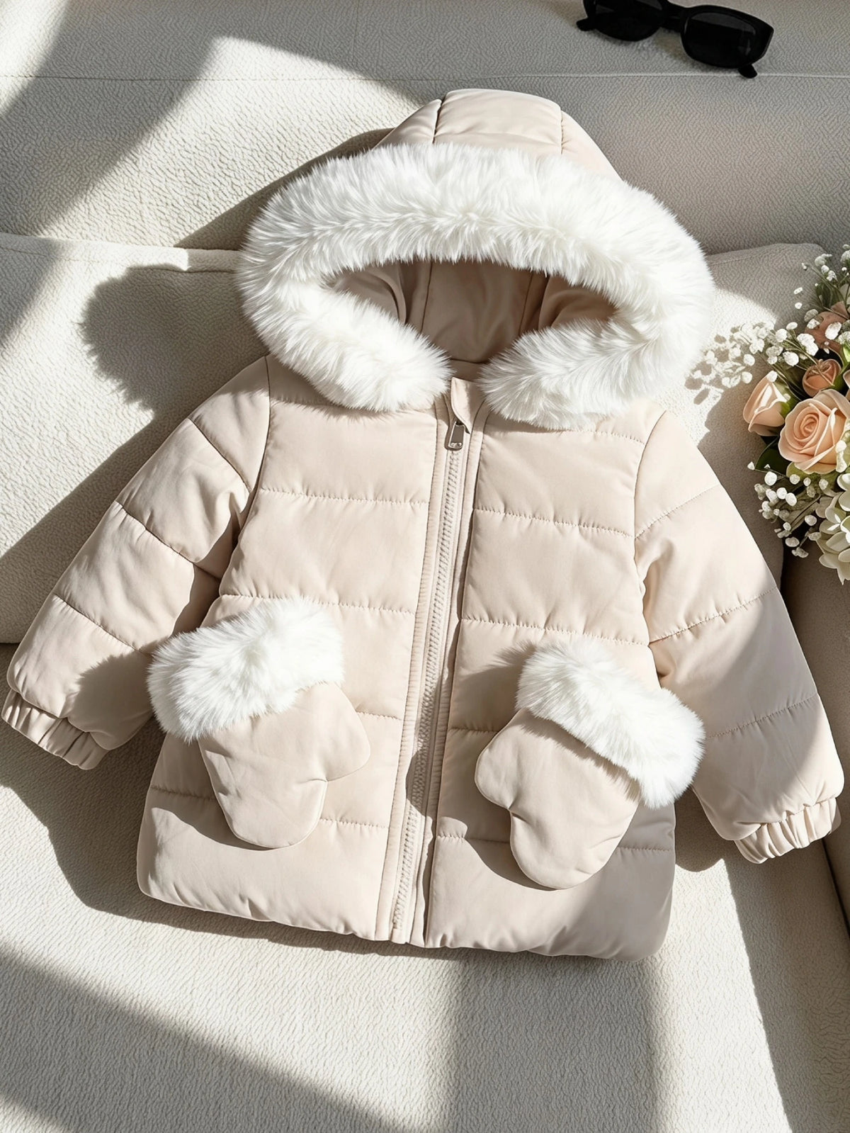 SHEIN Playful Pals Manteau matelassé d'hiver pour bébé fille avec capuche, grand col en fourrure, gants et fermeture éclair, vêtement d'extérieur automne/hiver, style décontracté polyvalent pour bébé fille hiver/printemps
