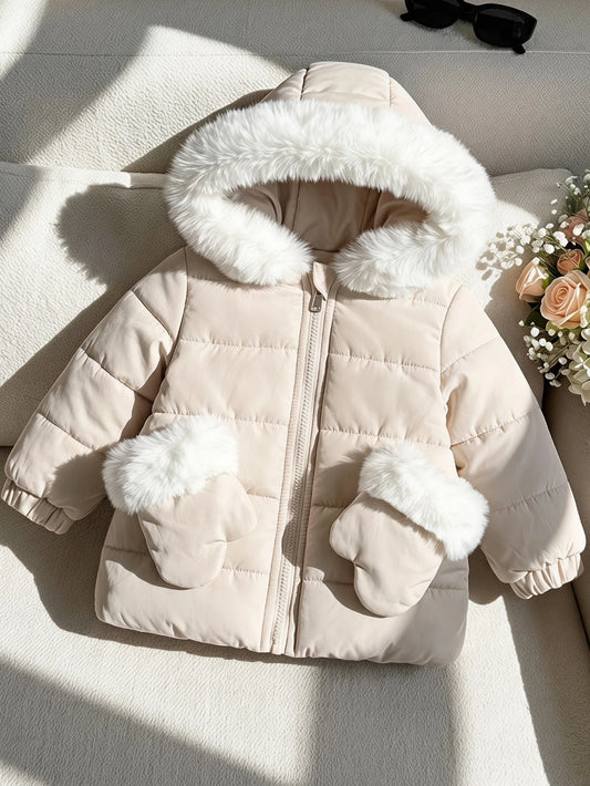 SHEIN Playful Pals Manteau matelassé d'hiver pour bébé fille avec capuche, grand col en fourrure, gants et fermeture éclair, vêtement d'extérieur automne/hiver, style décontracté polyvalent pour bébé fille hiver/printemps