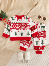 SHEIN 2 pièces Ensemble sweat-shirt + pantalon pour bébé fille, imprimé mignon rouge et blanc avec renne de Noël et sapin, manches longues en peluche épaisse, tenue de fête d'hiver et de vacances
