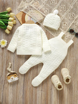 SHEIN Vintaside Kids Ensemble de 3 pièces pour nouveau-né en tricot, cardigan blanc à col rond manches longues, bavoir, salopette et bonnet d'automne, vêtements garçon blanc cassé kawaii