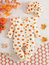 2 pièces Barboteuse à pieds pour bébé fille nouveau-né, imprimé princesse douce orange crème citrouille, volants, nœud, manches longues, style flutter, Halloween, automne, vacances, cadeau douillet