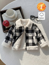 SHEIN Souflis Veste ouverte à carreaux noir et blanc doublée de thermique pour bébé fille/garçon, bordure en fourrure, Top cowgirl décontracté et modeste avec fermeture éclair pour automne/hiver, 6M-3T
