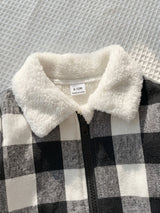 SHEIN Souflis Veste ouverte à carreaux noir et blanc doublée de thermique pour bébé fille/garçon, bordure en fourrure, Top cowgirl décontracté et modeste avec fermeture éclair pour automne/hiver, 6M-3T