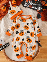 Combinaison à manches longues col ras-du-cou pour bébé garçon nouveau-né et tout-petit, thème fantôme et citrouille d'Halloween, avec bonnet, beige, automne, mignon, assorti pour la famille, pour séance photo de fête