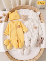 Barboteuse en peluche ours mignon pour nouveau-né, tissu doux texturé, combinaison bébé à manches longues en polaire épaisse et chaude, automne hiver