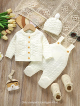 SHEIN Vintaside Kids Ensemble de 3 pièces pour nouveau-né en tricot, cardigan blanc à col rond manches longues, bavoir, salopette et bonnet d'automne, vêtements garçon blanc cassé kawaii