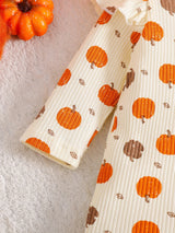 2 pièces Barboteuse à pieds pour bébé fille nouveau-né, imprimé princesse douce orange crème citrouille, volants, nœud, manches longues, style flutter, Halloween, automne, vacances, cadeau douillet