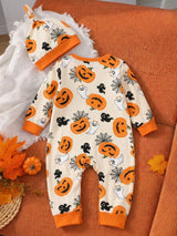 Combinaison à manches longues col ras-du-cou pour bébé garçon nouveau-né et tout-petit, thème fantôme et citrouille d'Halloween, avec bonnet, beige, automne, mignon, assorti pour la famille, pour séance photo de fête
