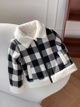 SHEIN Souflis Veste ouverte à carreaux noir et blanc doublée de thermique pour bébé fille/garçon, bordure en fourrure, Top cowgirl décontracté et modeste avec fermeture éclair pour automne/hiver, 6M-3T