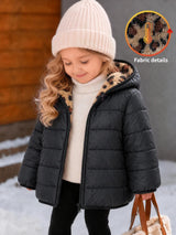SHEIN Veste à capuche mignonne pour bébé fille en polaire noire avec imprimé léopard, style réversible épais, convient pour l'automne/l'hiver