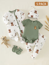 Ensemble 5 Pièces Bébé Garçon Combinaison Bonnet et Moufles