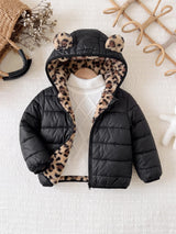 SHEIN Veste à capuche mignonne pour bébé fille en polaire noire avec imprimé léopard, style réversible épais, convient pour l'automne/l'hiver