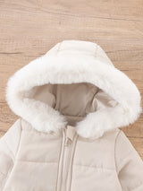 SHEIN Playful Pals Manteau matelassé d'hiver pour bébé fille avec capuche, grand col en fourrure, gants et fermeture éclair, vêtement d'extérieur automne/hiver, style décontracté polyvalent pour bébé fille hiver/printemps