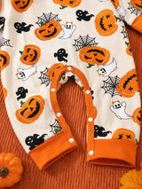Combinaison à manches longues col ras-du-cou pour bébé garçon nouveau-né et tout-petit, thème fantôme et citrouille d'Halloween, avec bonnet, beige, automne, mignon, assorti pour la famille, pour séance photo de fête