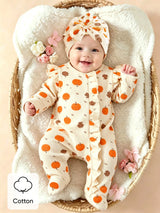2 pièces Barboteuse à pieds pour bébé fille nouveau-né, imprimé princesse douce orange crème citrouille, volants, nœud, manches longues, style flutter, Halloween, automne, vacances, cadeau douillet