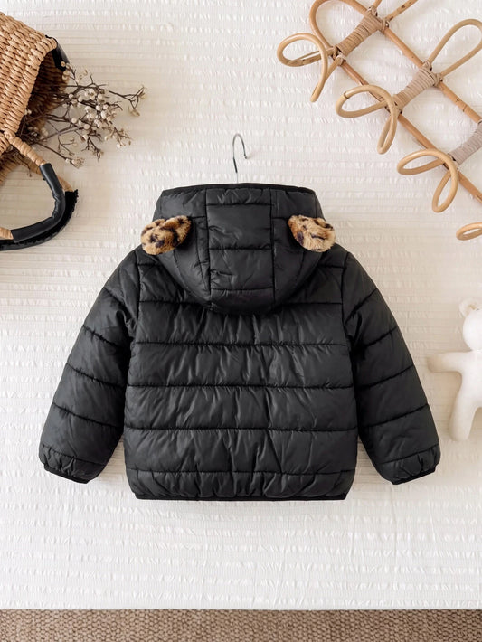 SHEIN Veste à capuche mignonne pour bébé fille en polaire noire avec imprimé léopard, style réversible épais, convient pour l'automne/l'hiver