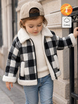 SHEIN Souflis Veste ouverte à carreaux noir et blanc doublée de thermique pour bébé fille/garçon, bordure en fourrure, Top cowgirl décontracté et modeste avec fermeture éclair pour automne/hiver, 6M-3T