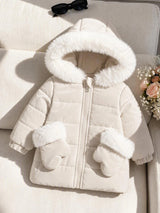 SHEIN Playful Pals Manteau matelassé d'hiver pour bébé fille avec capuche, grand col en fourrure, gants et fermeture éclair, vêtement d'extérieur automne/hiver, style décontracté polyvalent pour bébé fille hiver/printemps