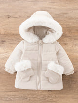 SHEIN Playful Pals Manteau matelassé d'hiver pour bébé fille avec capuche, grand col en fourrure, gants et fermeture éclair, vêtement d'extérieur automne/hiver, style décontracté polyvalent pour bébé fille hiver/printemps