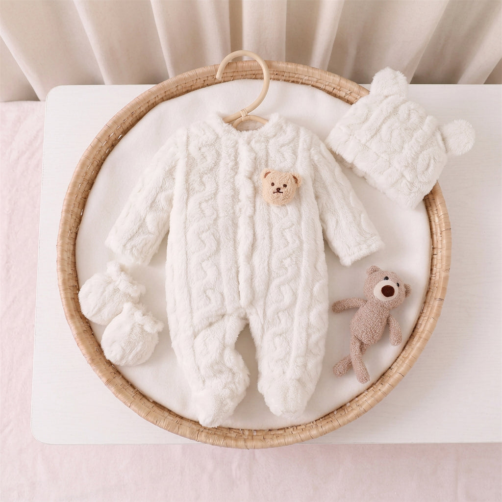 Barboteuse en peluche ours mignon pour nouveau-né, tissu doux texturé, combinaison bébé à manches longues en polaire épaisse et chaude, automne hiver